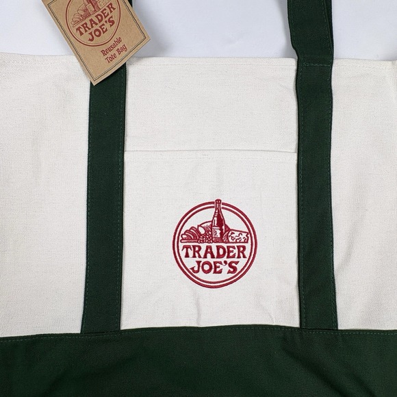 New With Tags Trader Joe's Large Canvas Tote Forest Green Reusable Bag - Picture 2 of 4
